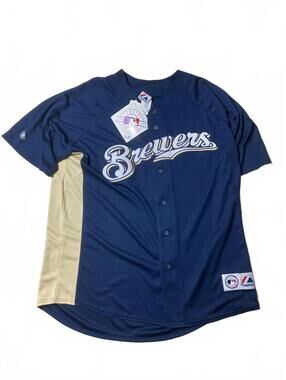 VTG Men’s Majestic Milwaukee Brewers Navy Button-Up Baseball Jersey Sz XL